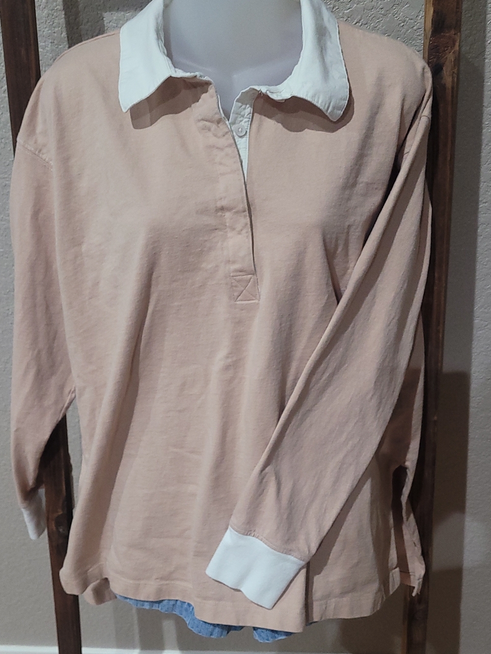 aerie Blush Rugby Polo Sweatshirt with White Collar